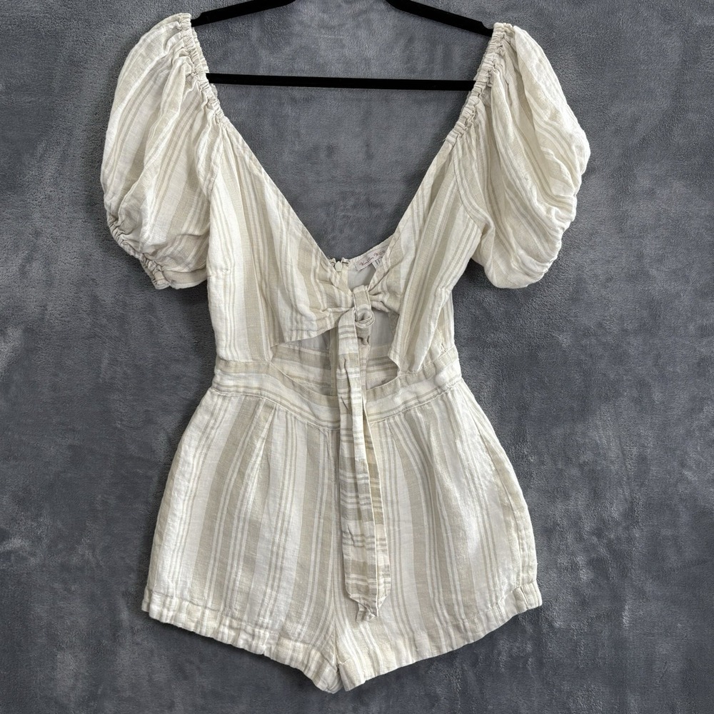WINSTON WHITE Women Striped Tie Front Puff Sleeves Romper Sz S Ivory Beach 48-29